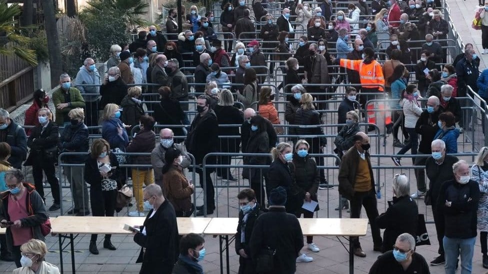 Queue outside vaccine centre in Nice, France