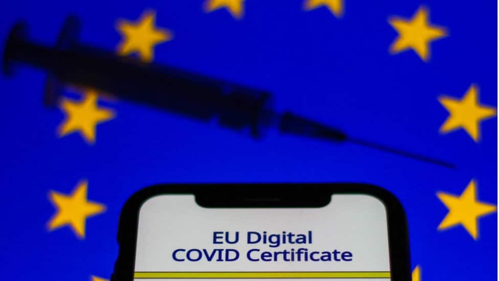 эlektronnый kovid-sertfikat na fone flaga ES