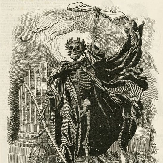 Sketch drawing of a skeleton with a black cloak holding a document labelled 
