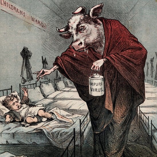 A drawing of a cow with human hands sprinkling something on a child in bed while holding a jar labelled 