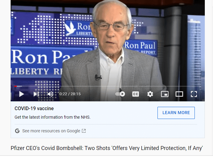 screenshot of youtube video from Ron Paul's channel with the headline: 