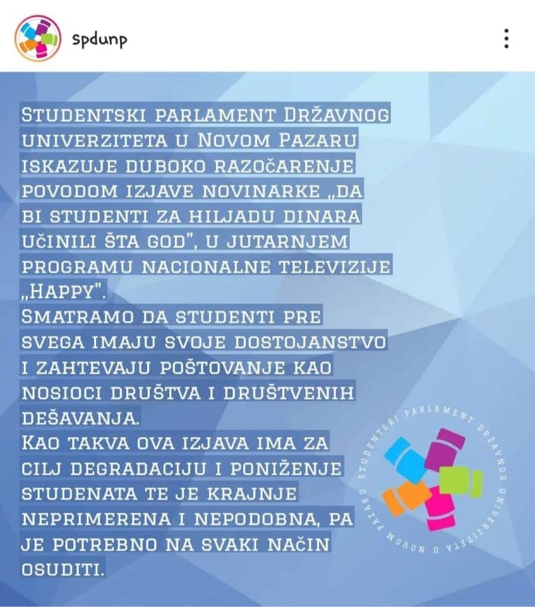 Studenti DUNP-a osudili izjavu novinarke na nacionalnoj televiziji