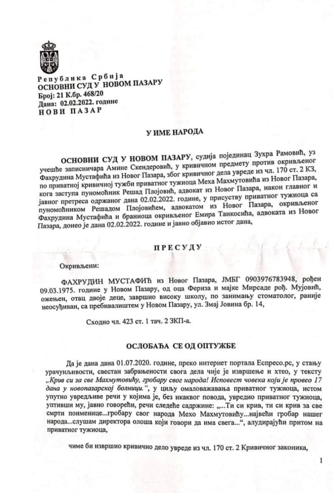 Lekar: Sud me oslobodio optužbe po tužbi Meha Mahmutovića