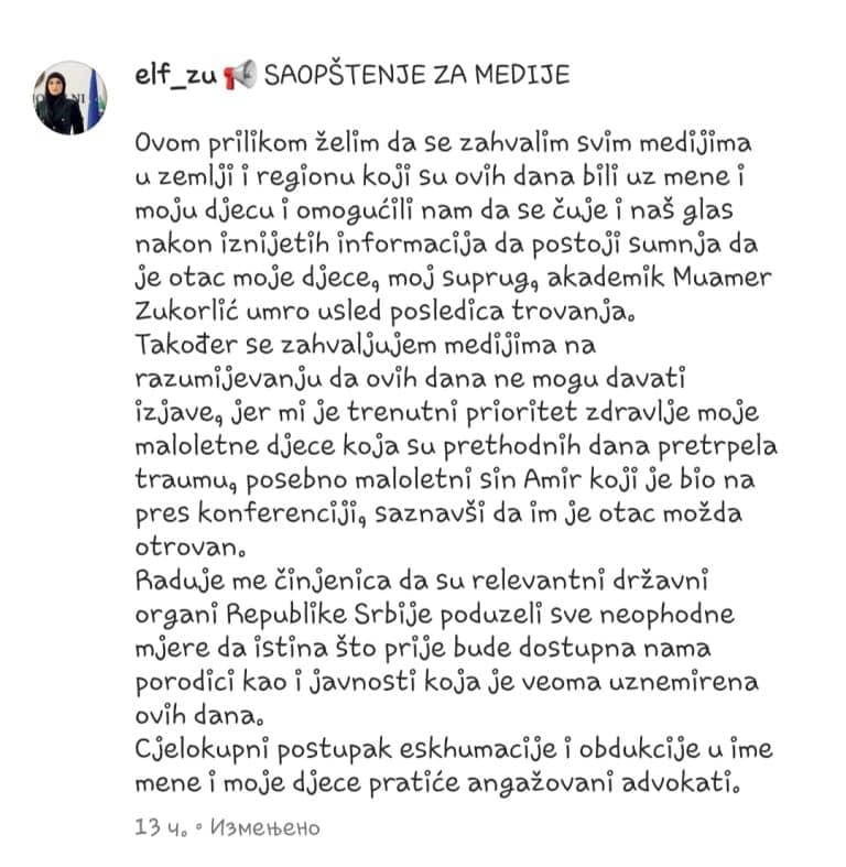 Elma Elfić Zukorlić: Postupak eskumacije i obdukcije pratiće advokat