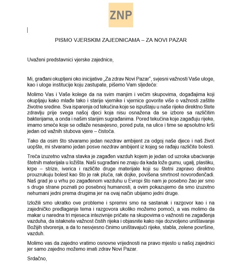 Za zdrav Novi Pazar: Molbeno pismo verskim zajednicama