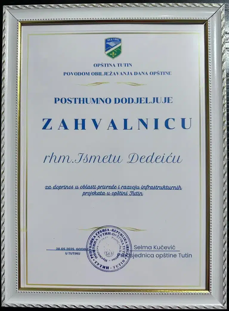 Rahmetli Ismetu Dedeiću uručena posthumna zahvalnica za izuzetan doprinos razvoju Tutina