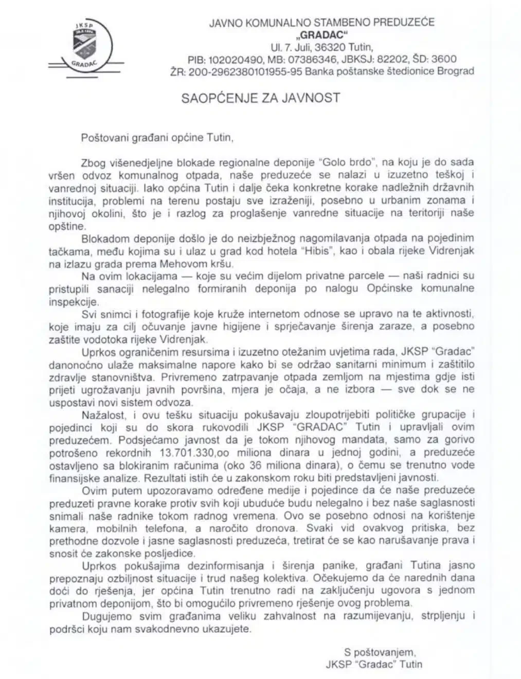 Saopštenje JKP Gradac