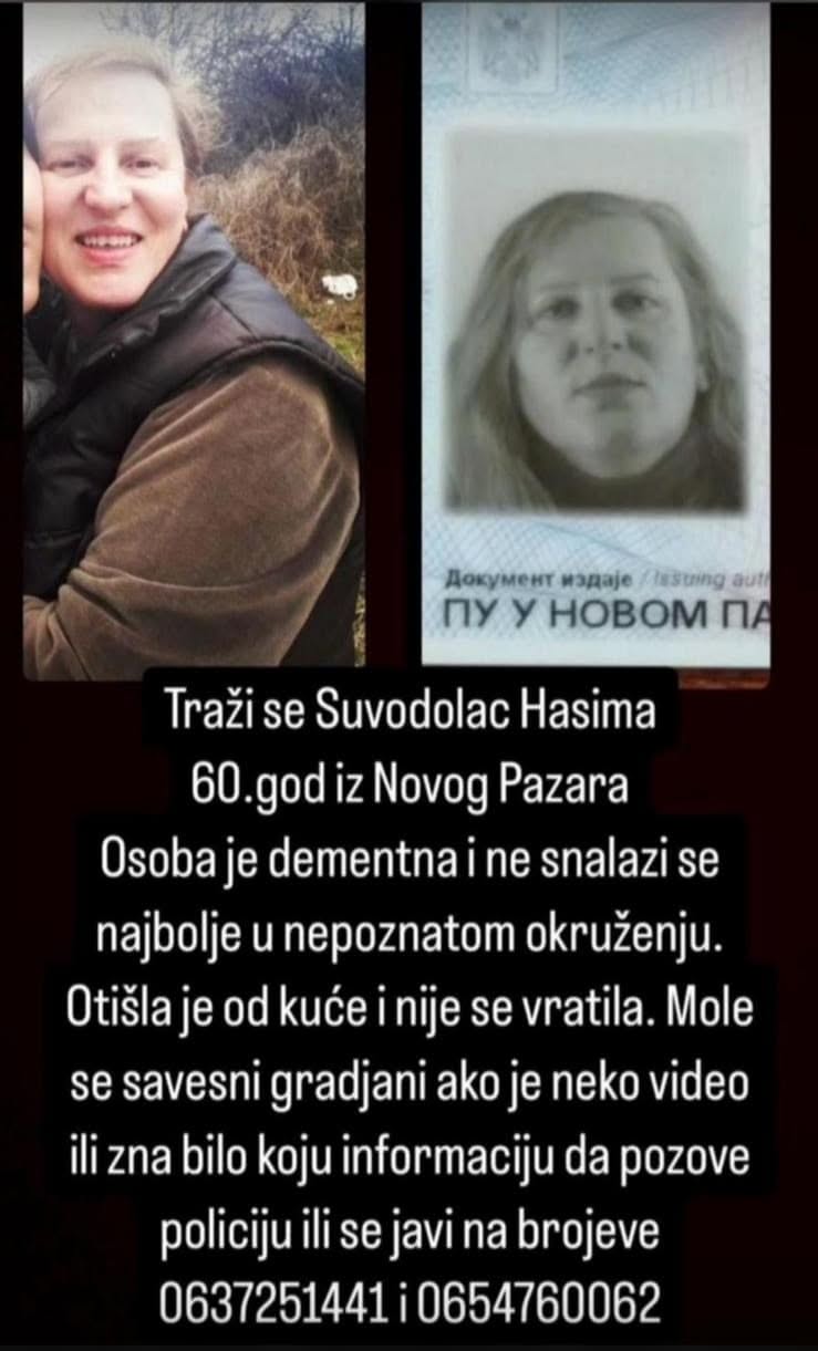 Nestala Suvodolac Hasima (60) iz Novog Pazara